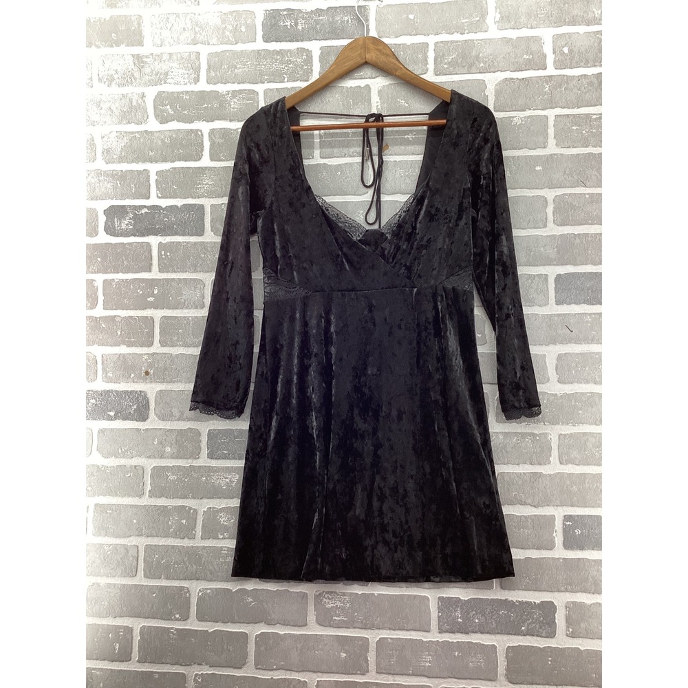 Free People Black Crushed Velvet Lace Trim Open Back Mini Dress Medium